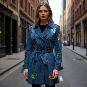 Manila Grace Denim Embroidered Trench Coat